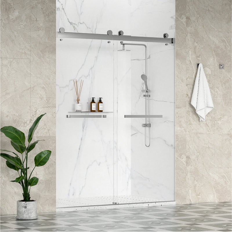 Catalyst 62"- 67" W x 76" H Double Sliding Frameless Shower Door in Chrome with 3/8" Clear Glass, Chrome