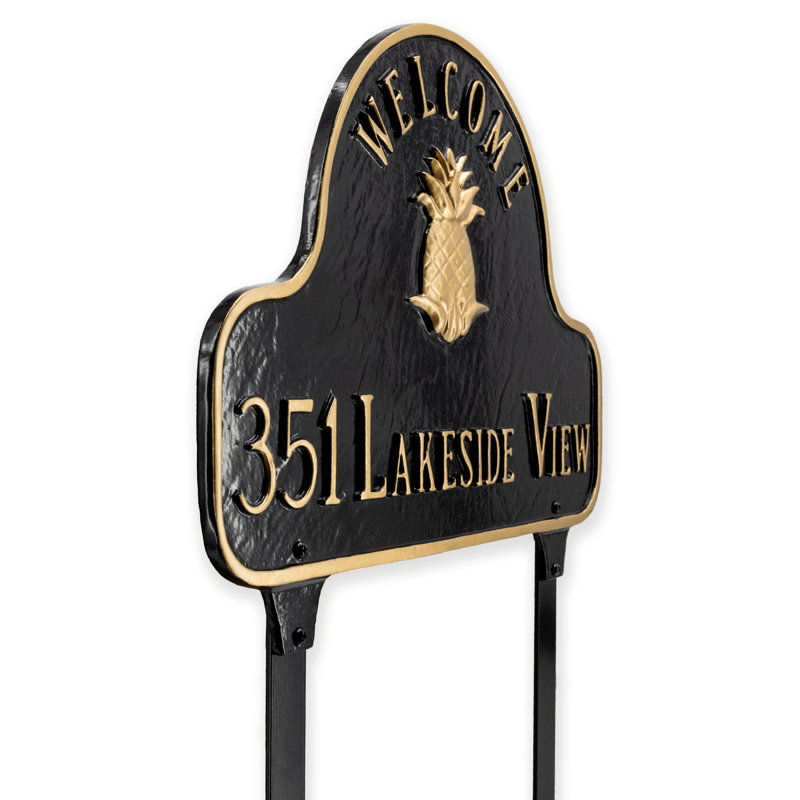 Pineapple Welcome Arch Address Sign Plaque with Lawn Stakes, Black/Gold, Yes