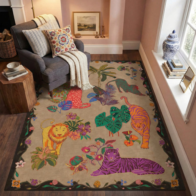 Oriental Animal Print with Tropical Botanical Floral Machine Washable Area Rug, Rectangle 6' x 9', Taupe and Black