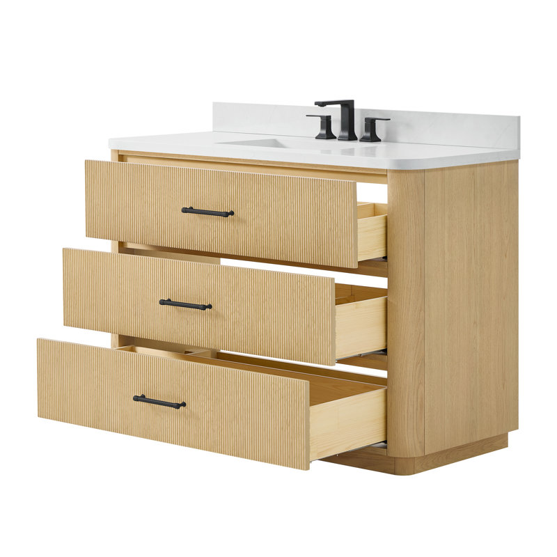 Meuble-lavabo simple Francesca de 122 cm (48 po) en chêne scandinave, comptoir arrondi en quartz Giotto, lavabo carré encastré (3 trous), garniture noire mate