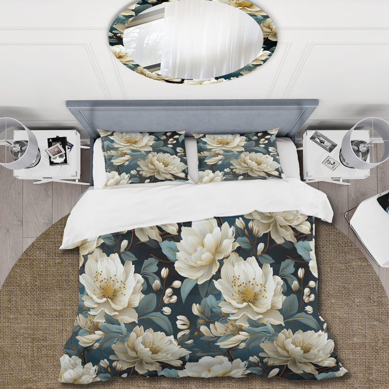 Ensemble de housse de couette à motif floral, Housse de couette grand et 2 taies décoratives, Motif floral serein VI