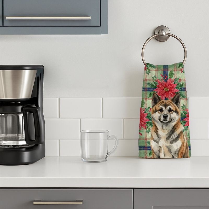 Brindle Akita Christmas PoinsettIas Kitchen Towel, Brown/Tan Brindle Akita