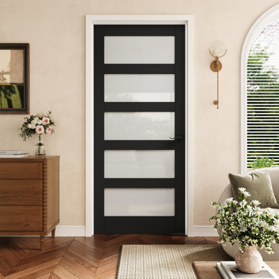 Porte pré-suspendue en verre givré noir 32 po x 80 po à 5 lumières avec charnières noires, dalle de porte d'intimité en verre avec cadre, insonorisant et imperméable, combinaison pour la lessive, portes de placard, portes de chambre, main gauche