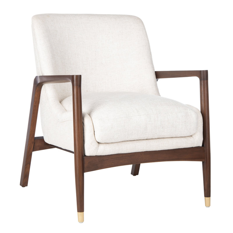 Scandinavian Cream Linen & Wood Transitional Accent Chair with Brass Tips