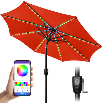 Parasol solaire 7,5 pi, parasol de terrasse 32 lumières DEL colorées, parasol d'extérieur, parasol de jardin, parasol de marché avec 8 nervures robustes, inclinaison à bouton-poussoir et manivelle