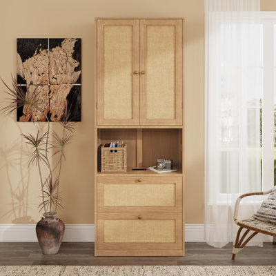 2 Doors Bookshelf With USB Port And 3 Drawers Side Cabinet Storage Shelves