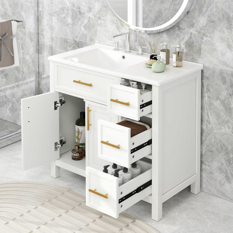 Meuble-lavabo avec comptoir, deux portes et trois tiroirs, Blanc