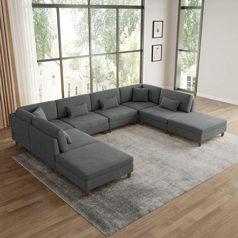 Seemab 160.8" W Upholstered Corduroy Modular Sectional with Removable Ottomans, Gray