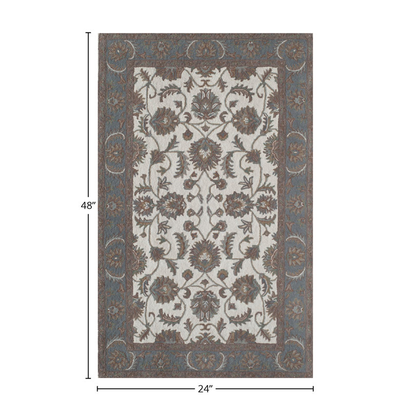 Ivory and Light Blue Handmade Wool Oriental Rug, 2' x 4'
