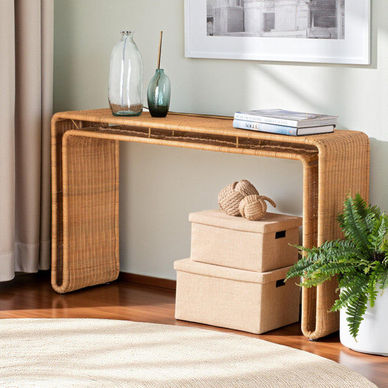 Console légère Karine en rotin tissé de style bohémien, H 30,28 po x l 51,83 po x P 14,62 po