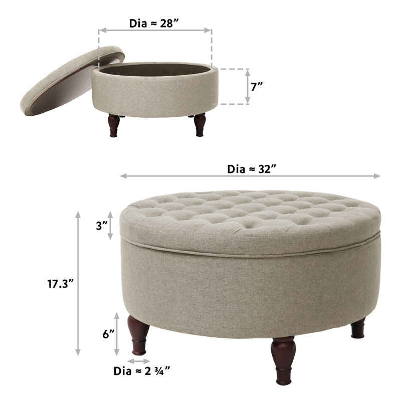32'' Wide Tufted Round Storage Ottoman, Beige 100% Linen