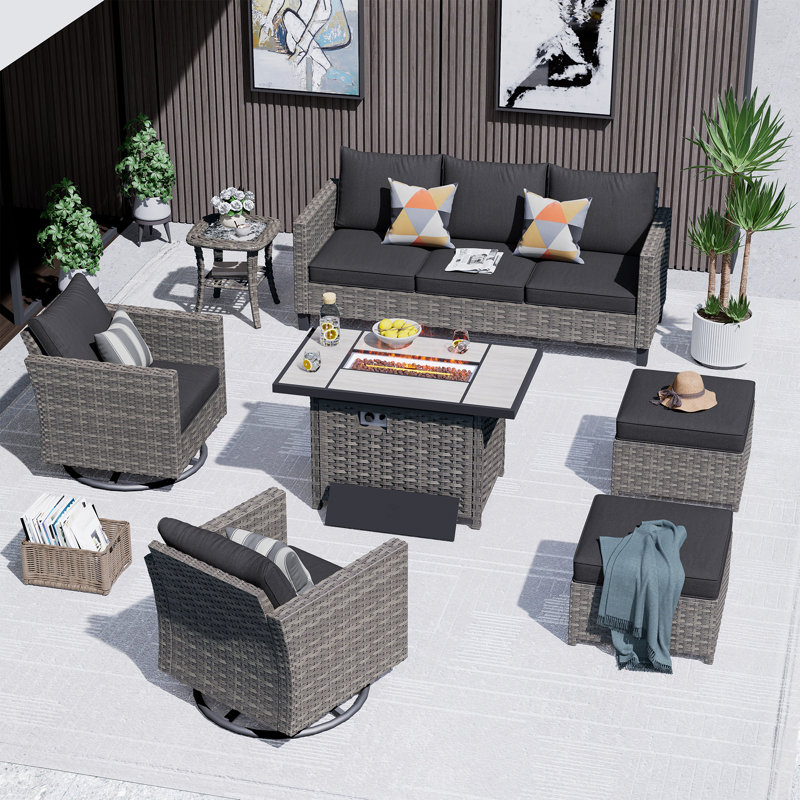 GRST Rattan Sofa Seating Group with Cushions, Black