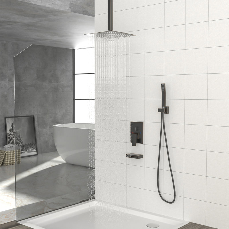 Shower System With Waterfall Tub Spout,12 Inch Ceiling Mount Square Shower System With Rough-In Valve