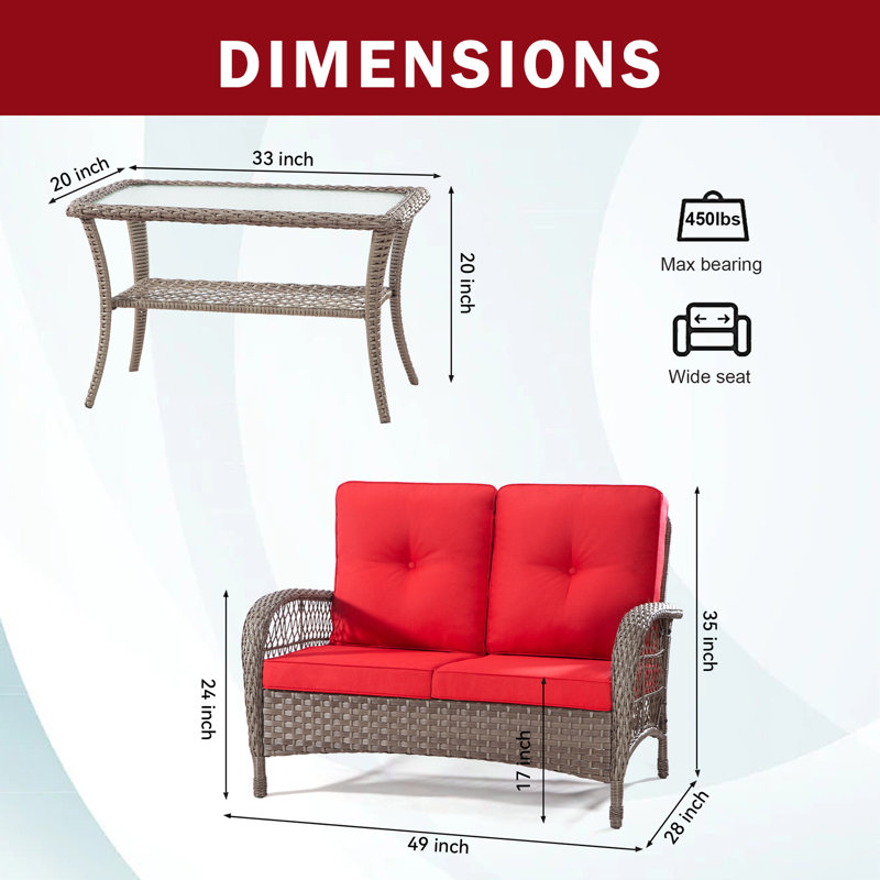Ensemble de conversation d'extérieur pour 2 personnes avec coussins Letosha, Rouge