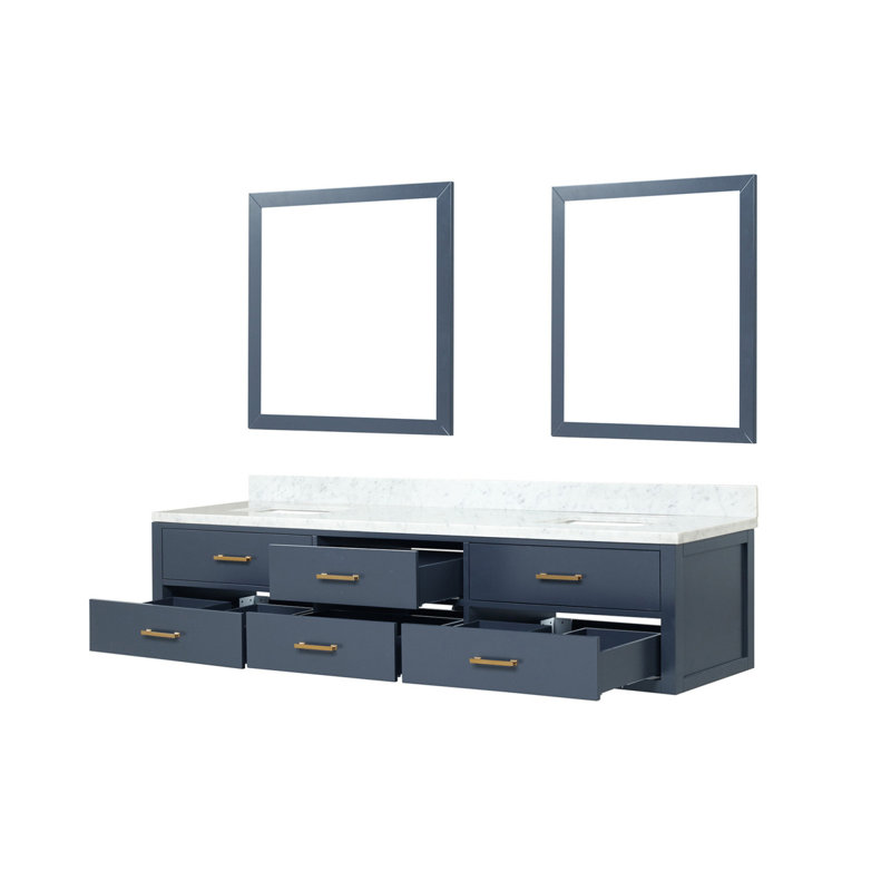 Meuble-lavabo double bleu l 84 po x P 22 po, comptoir en marbre de Carrare et miroirs 36 po