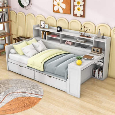 Crompton Multifunctional Wooden Daybed With Shelves, Drawers, and Study Desk by Latitude Run
