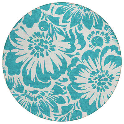 Tapis d'intérieur rond antidérapant rond 8 pi bleu sarcelle et ivoire