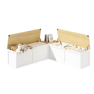 Right-Angle Light-Colored Storage Bench With Extra-Large Storage Compartment