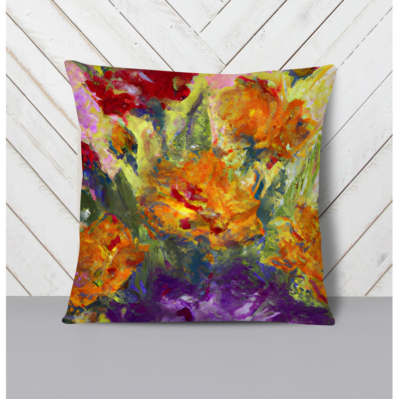 Throw Pillow With Insert, Green/Orange/Purple Floral 2, 18"H x 18"W