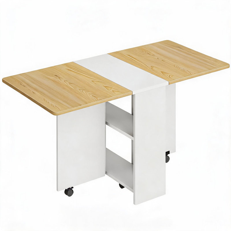 Table de salle à manger pliante à abattants pour petits espaces, table de cuisine et de salle à manger pliable avec 2 étagères de rangement et 6 roulettes verrouillables, blanche