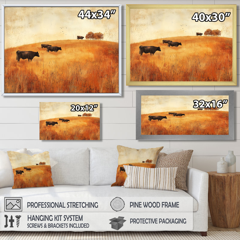 Cows In The Autumn Fields I - Countryside Wall Art, Single Picture Framed, Black, 12" H x 20" W