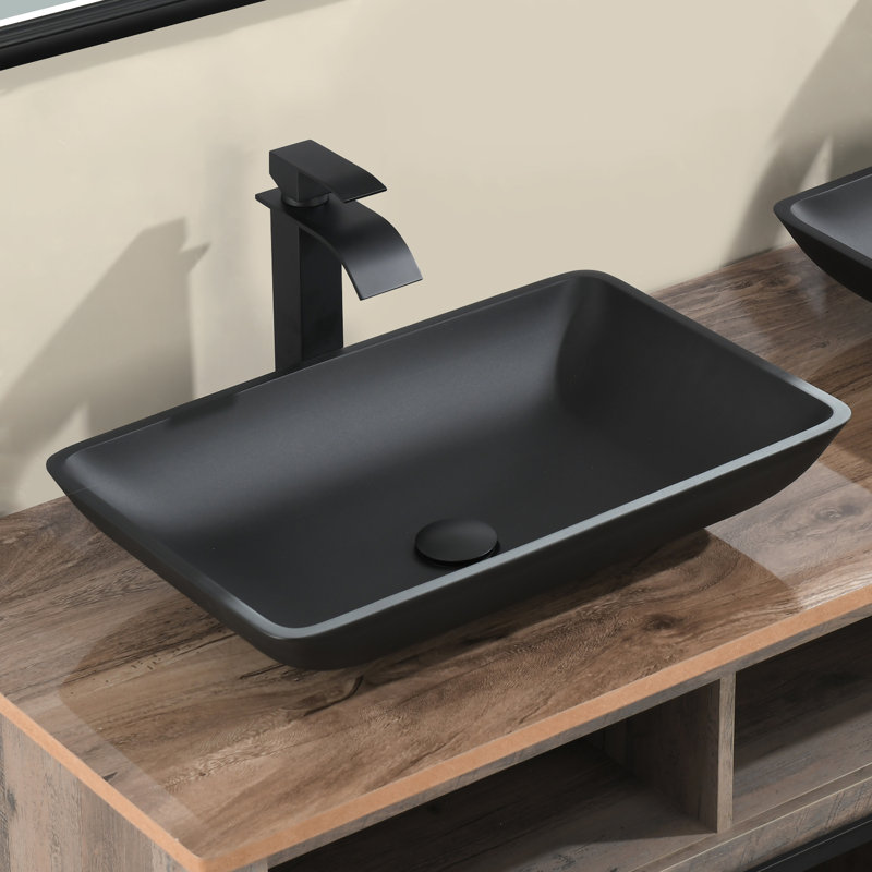Topcraft 22" Matte Black Glass Rectangular Vessel Bathroom Sink with Faucet and Pop-up Drain