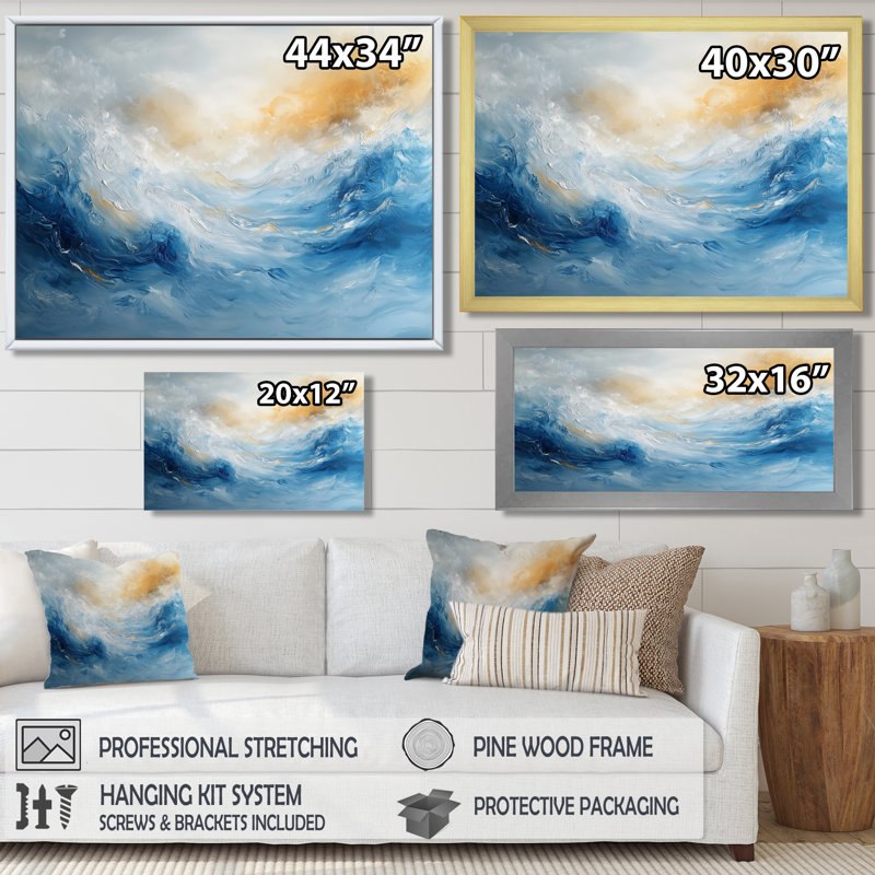 «Dream Blue Coastal Waves Turbulence I», art mural grand minimalisme, H 34 po x l 44 po, Impression encadrée flottante, Brun