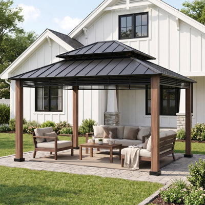 Pavillon de jardin d'extérieur à toit rigide de 13 pi x 15 pi avec toit en acier à 2 niveaux SUNJoy Epping
