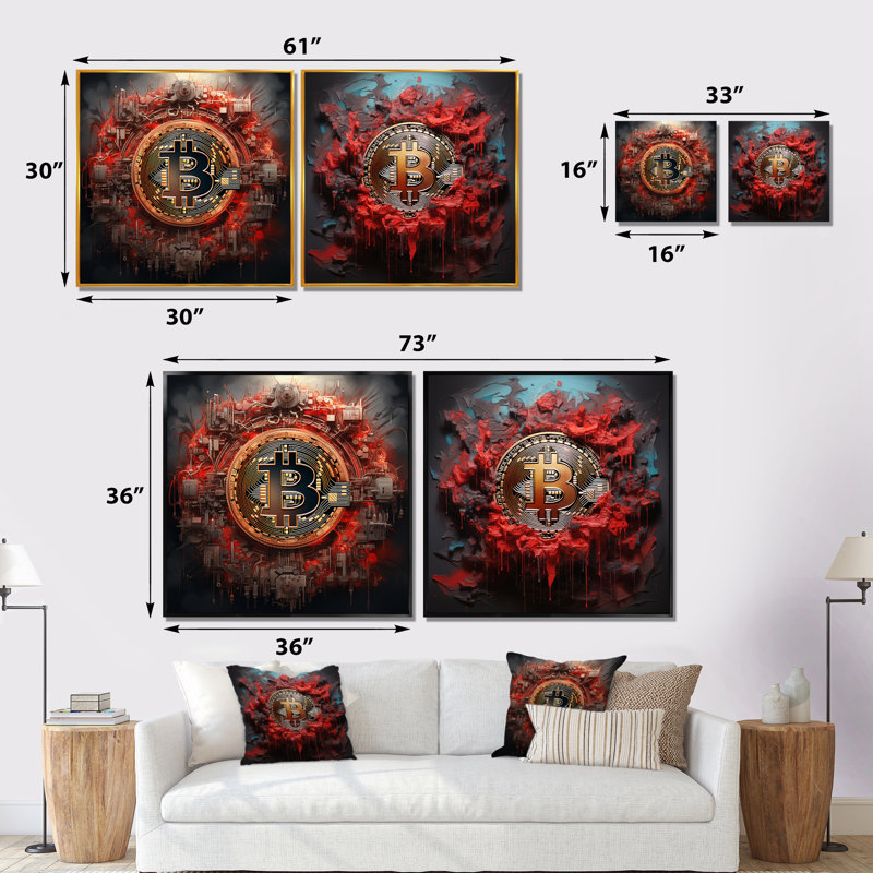 Red Bitcoin Crypto monnaie I - mode décoration murale de 2 pièces, Cadre flottant noir, H 16 po x l 33 po x P 1 po