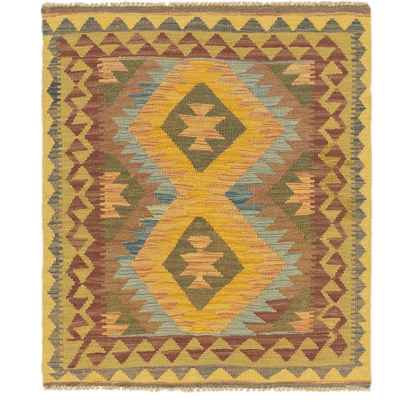 Tapis de zone en laine brun/vert 3 pi 2 po x 3 pi en laine noué la à la main one-of-kind Lorain