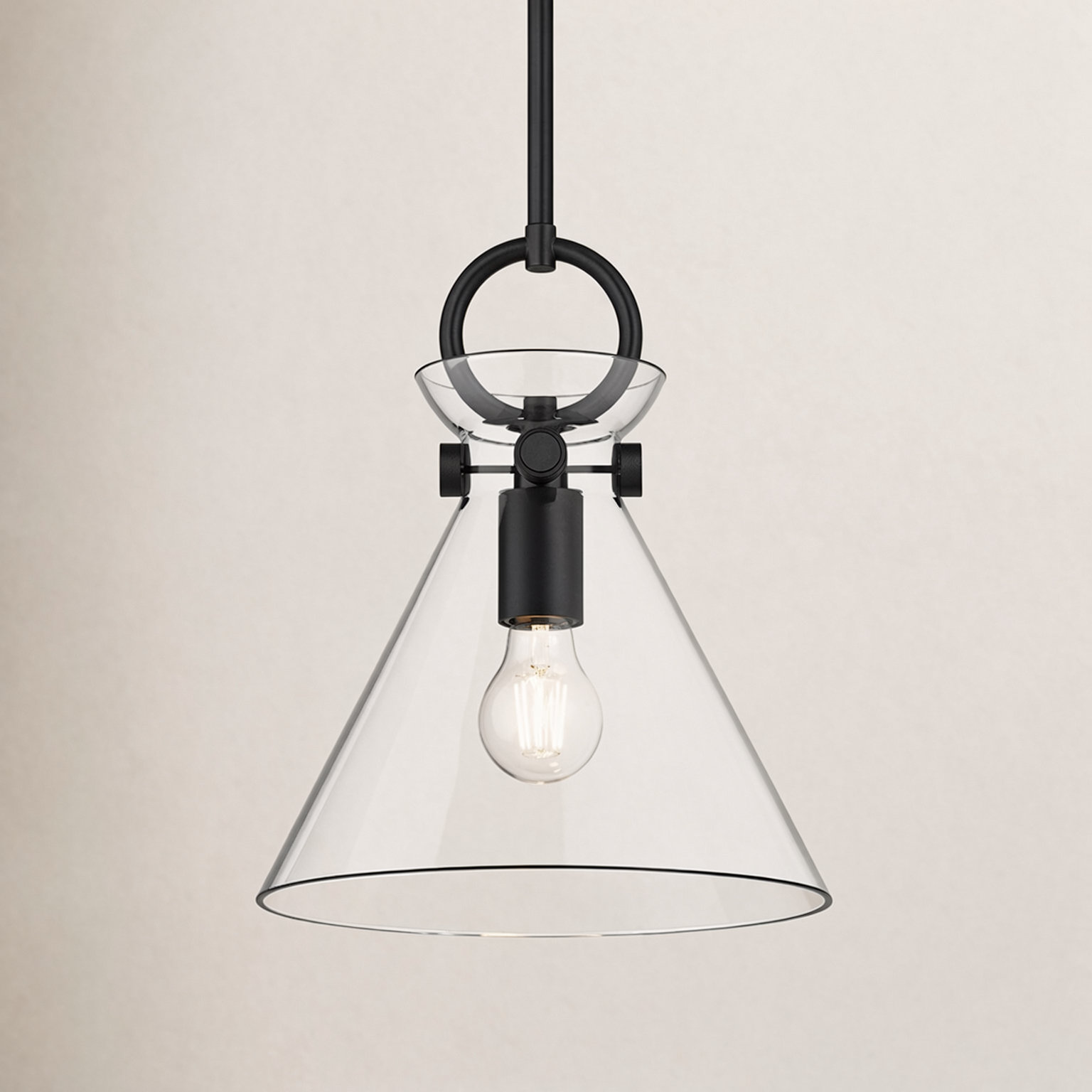 Tiney Single Light Glass Steel Pendant, 12.75" H x 10.5" W x 10.5" D, Matte Black/Clear