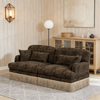 Comfy Chenille Leopard Printing Sofa,Delicate Tassel Edge,Movable Ottomans,Modern Fashion Style