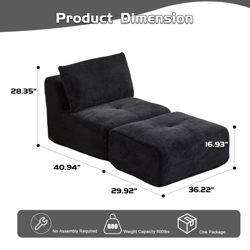 Pet - Chaise longue simple en mousse viscoélastique compressée avec tissu en velours côtelé pour le salon, sans assemblage, mobile, rembourrage élevé, combinaison personnalisable, noir