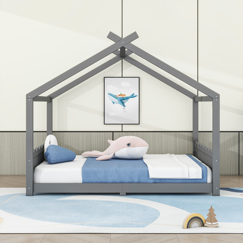 Montessori House Floor Bed with Center Support Legs, Low‑Profile Safe Design, Gray, Twin