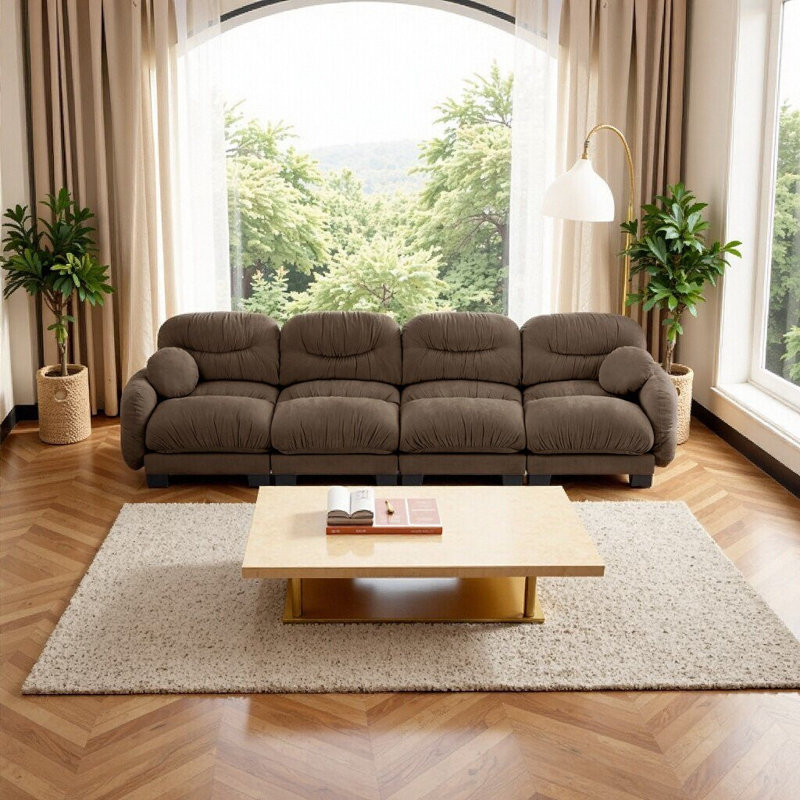 Canapé modulaire confortable en chenille avec motif plissé - Ensemble de canapé brun à 4 places avec mousse ergonomique et coussins décoratifs