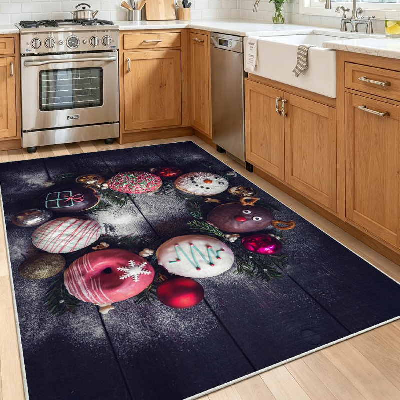 Tapis intérieur rouge lavable à la machine, motif beignes de Noël avec espace, pour décoration intérieure.