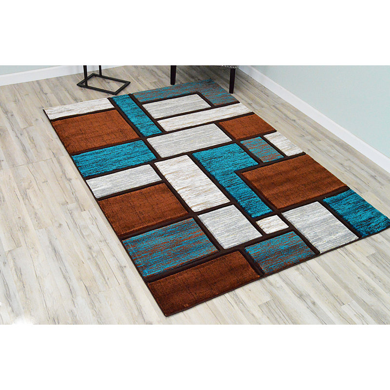 Tapis abstrait bleu / brun / ivoire Mccampbell, Rectangle 5 pi x 7 pi