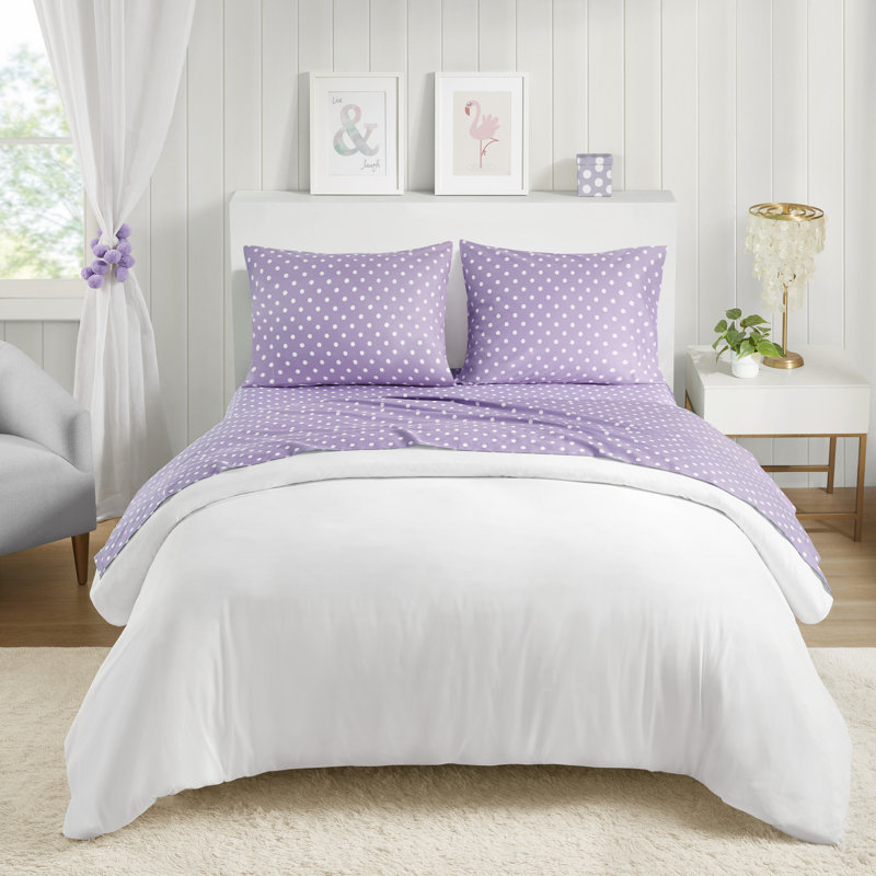 Ensemble de draps 100% coton à pois, Taie d'oreiller pour lit simple, Mauve