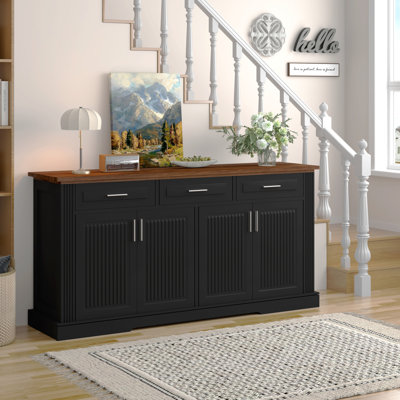 63" Fluted Sideboard Buffet Cabinet With Storage, Modern Coffee Bar Station With 4 Doors And 3 Drawers, Wood Kitchen Storage Console Table For Living Room Dining Room Entryway, Black