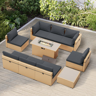 Ensemble de conversation extérieur en osier pour 8 personnes avec table de foyer, housse en verre et coussins Baldwinsville