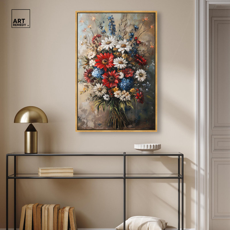 Symphonie de fleurs II, art floral sur toile par , H 37 po x l 25 po, Cadre flottant doré