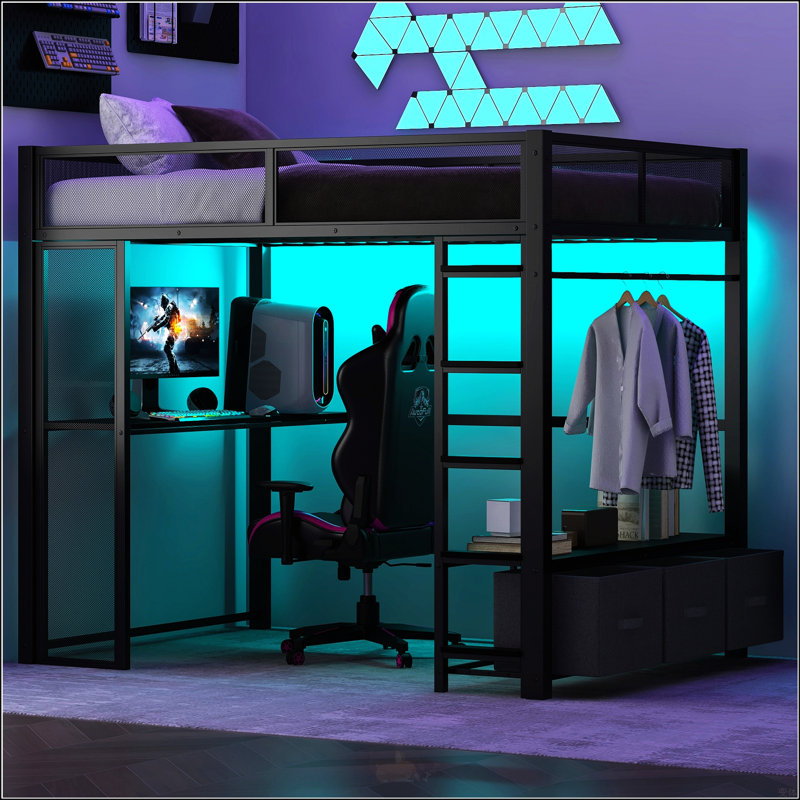 Lit mezzanine double en métal avec DEL