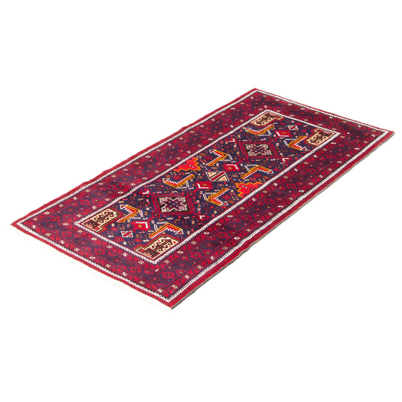 Tapis bleu marine / mauve / brun en laine noué à la main de conception unique 3 pi 1 po x 6 pi 2 po Sindelar
