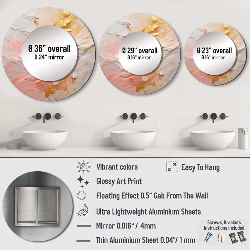 Or et peinture rose Fusion I - peinture murale abstraite, miroir rond beige, reproduction d'art en métal, 23 po x 23 po