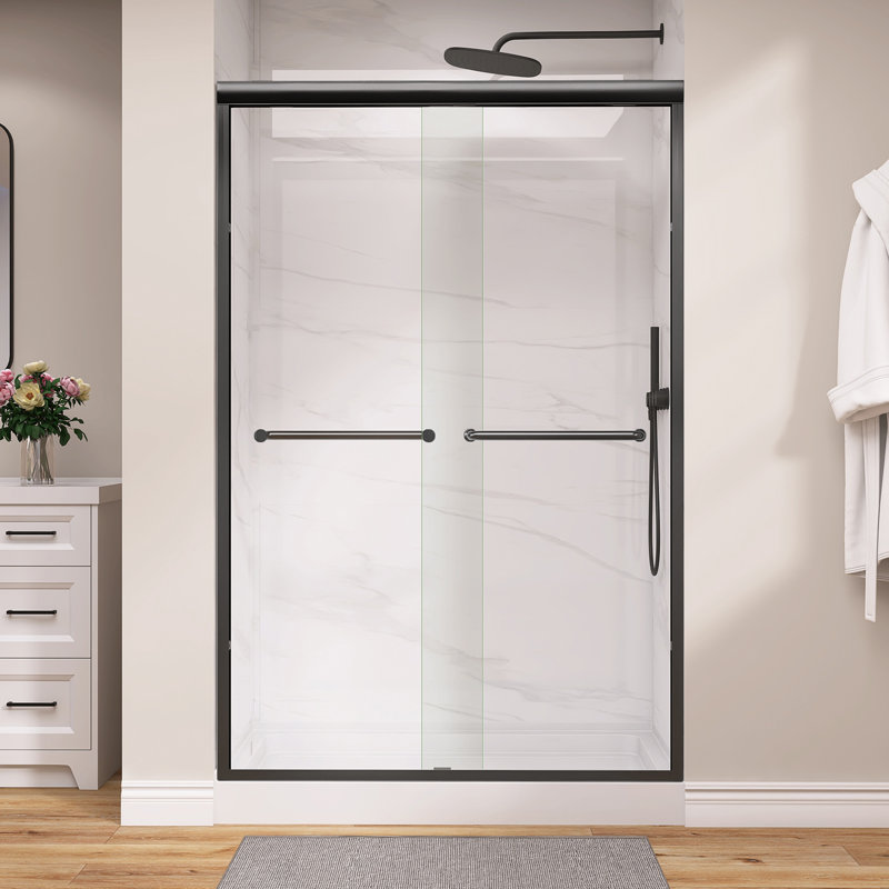 44"-48" W X 72" H Semi-Frameless Double Sliding Reversible Shower Glass Door With Clear Tempered Glass, Matte Black