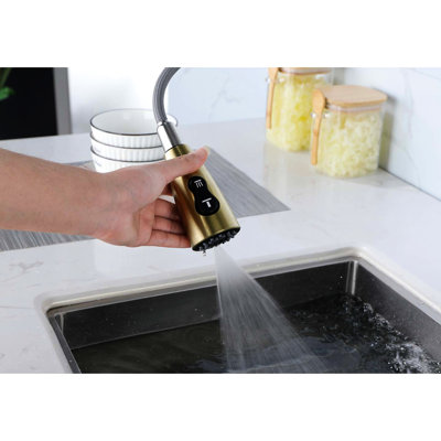 Kitchen Sink Faucet With Single Handle And Pull Down In Brushed Gold Stainless Steel - 360 High Arc Nozzle Rotation, Stream/Spray/ Water Output Settings For Various Applications, Easy Temperature &