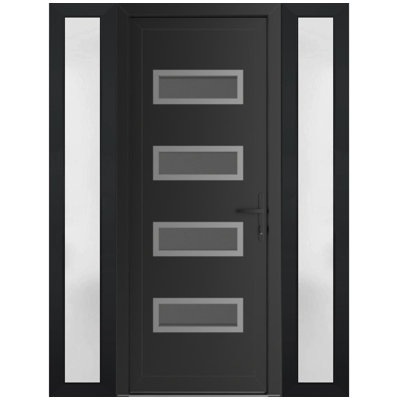Porte d'entrée extérieure prémontée en PVC-U métal-plastique Manux 8113 noir mat avec 2 impostes latérales, pour bureaux, commerces et habitations, entrée, patio, garage, 64 x 80 (L 14 + 36 + 14 x H 80), ouverture à gauche vers l'intérieur