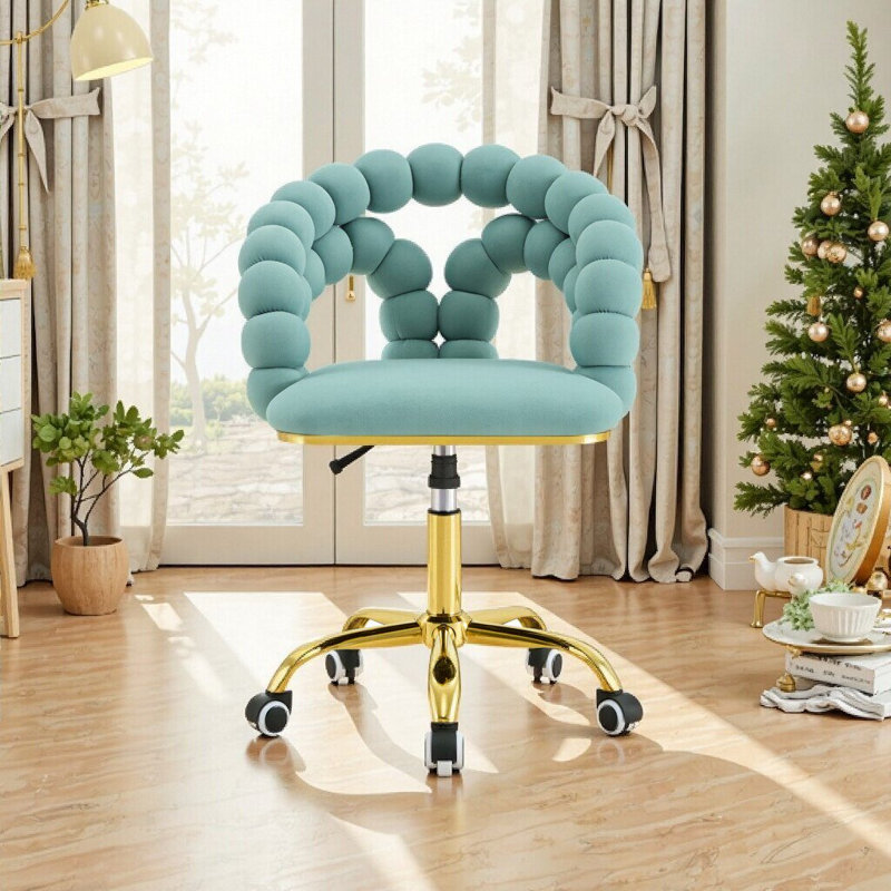 Fauteuil de bureau pivotant en velours avec dossier à bulles et base dorée, Or / bleu sarcelle