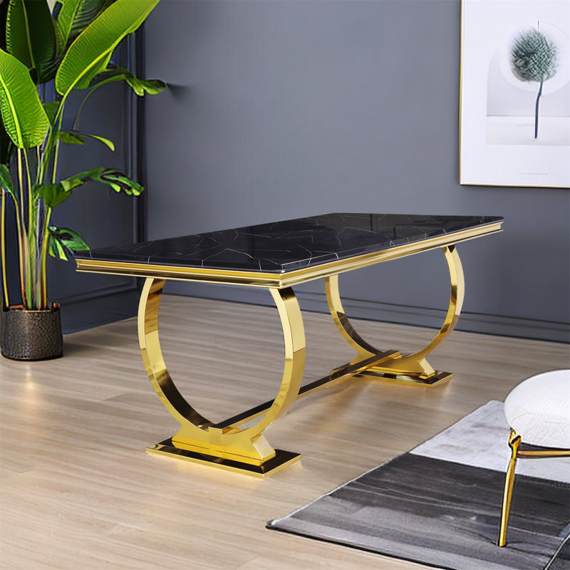 Ethanael Faux Marble Top Metal Base Dining Table, Black Top/Polished Gold Base