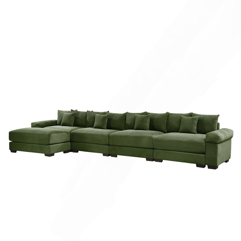 Canapé d'angle modulaire Cloud surdimensionné de 432 cm (170 po), en velours côtelé doux, pouf inclus, assise profonde, larges accoudoirs, design ergonomique, 12 coussins décoratifs, montage facile, vert